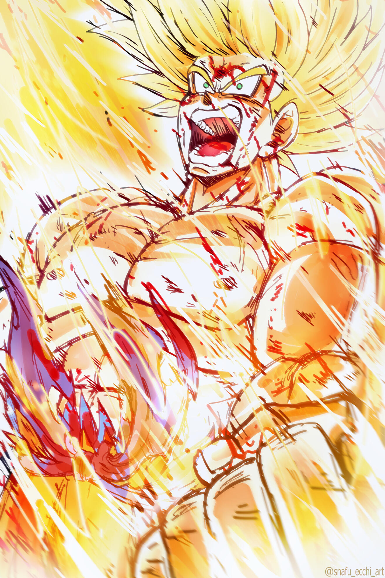 I imagen goku getting angry with anwave of energy surounding him during the fight with Frieza.